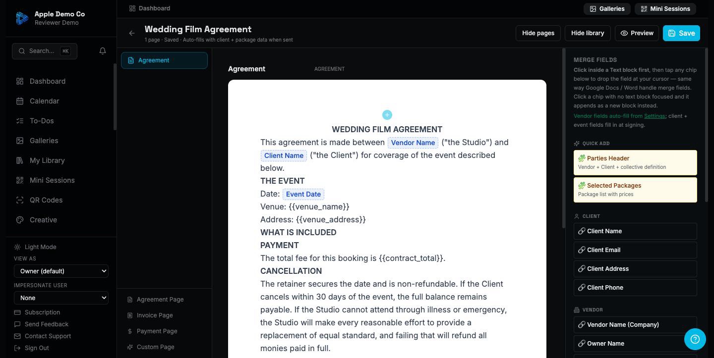 Merge fields drag into place. The grey chips fill themselves in per client.