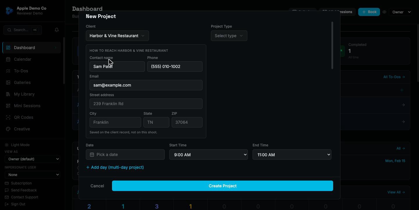 One form for the whole booking. The client's details sit right there if you need to correct them.