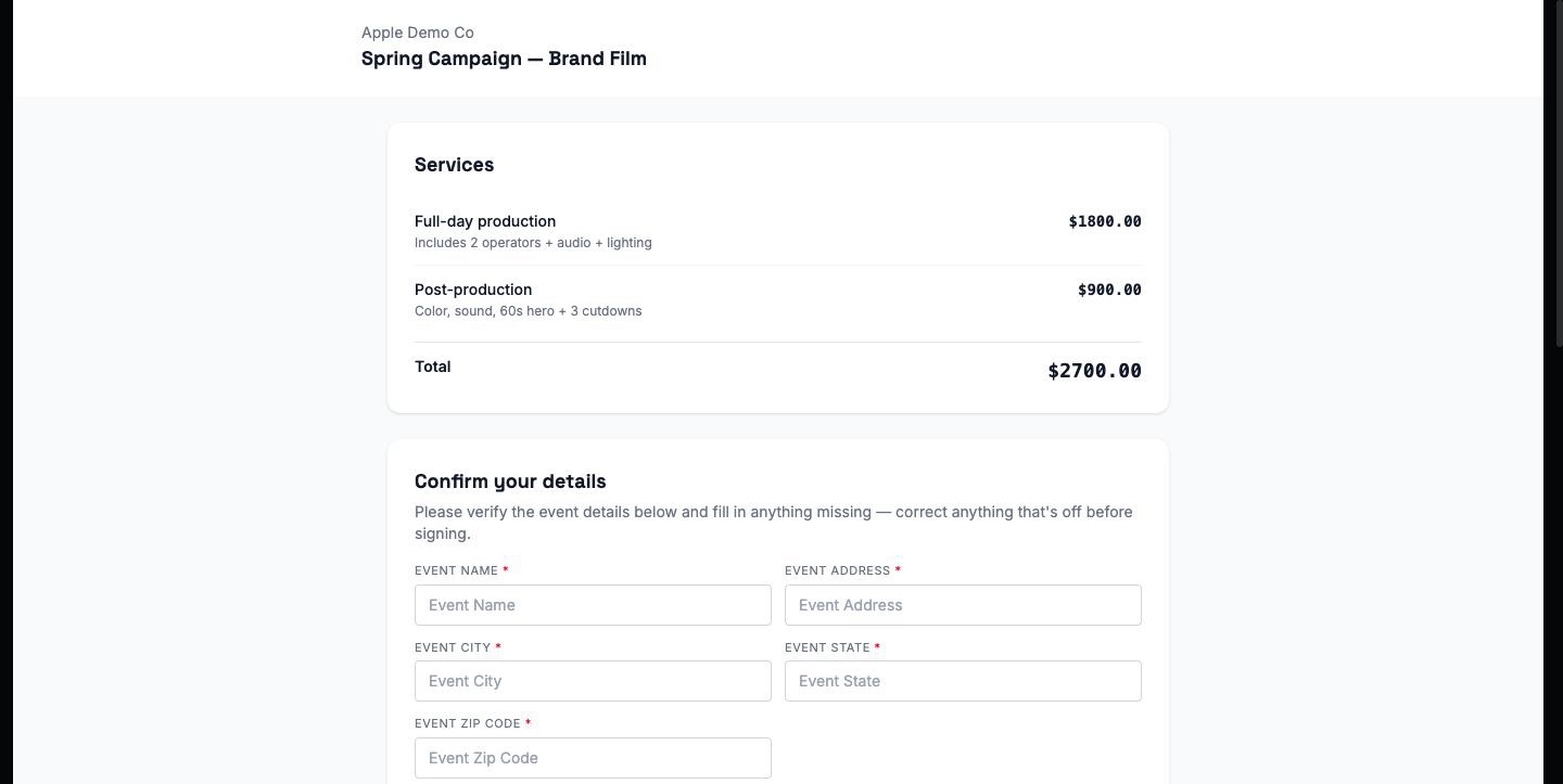 The client's view: what they get, what it costs, and an accept button.